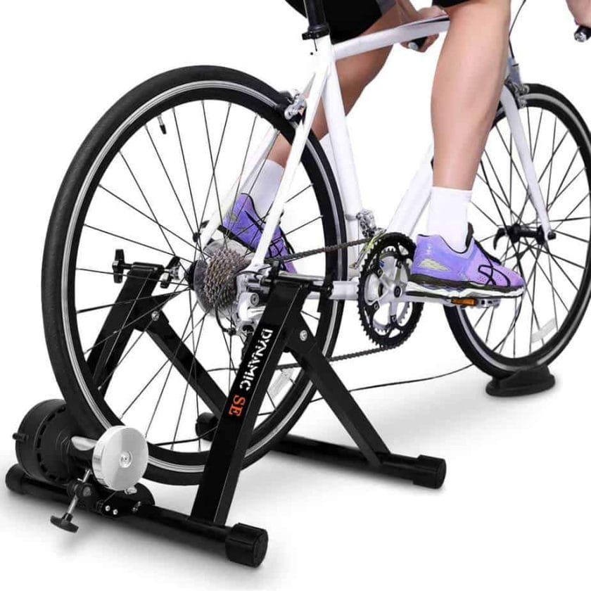 Dynamic SE Indoor Bike Trainer Review - Cyclist showing how to use the turbo trainer