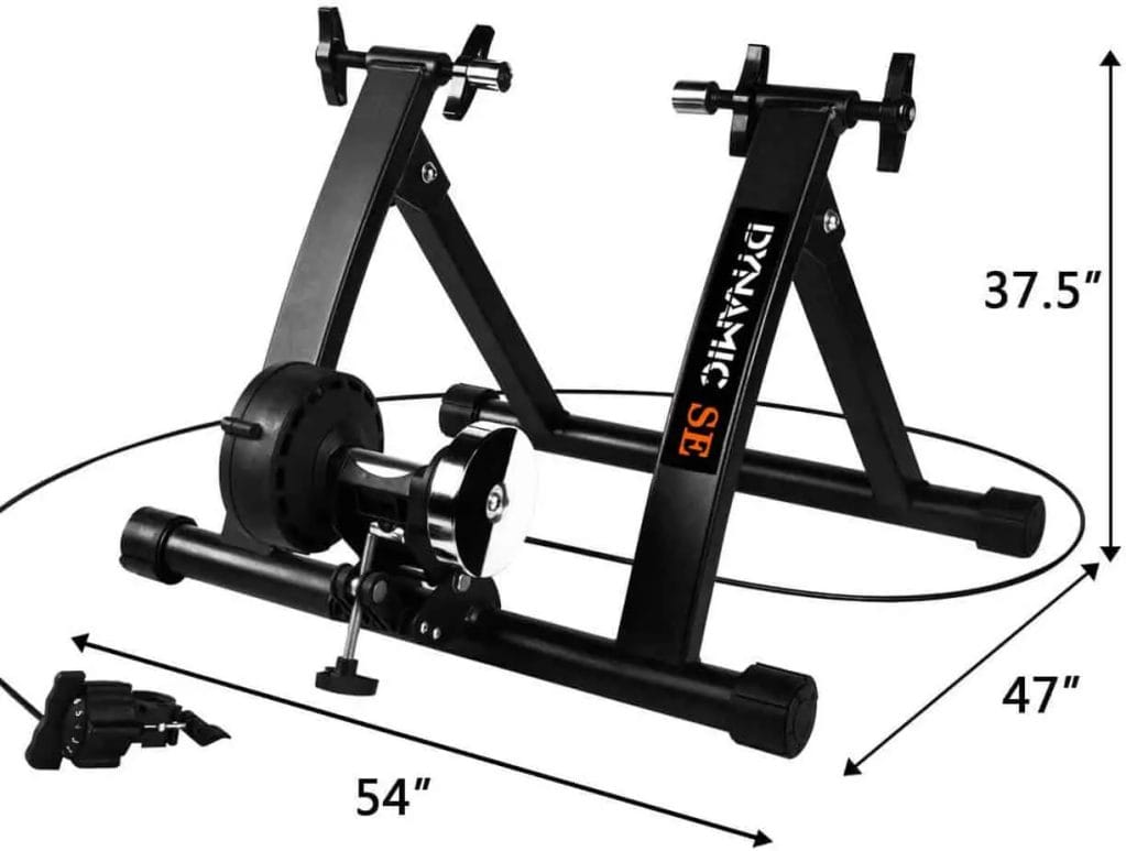 Photo showing the bike trainer dimensions and functionalities. Dynamic SE Indoor Bike Trainer Review
